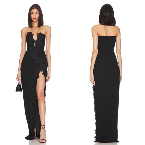 Sau Lee Florence Black Floral Appliqué Strapless Maxi Dress Size 0 - Picture 1 of 10